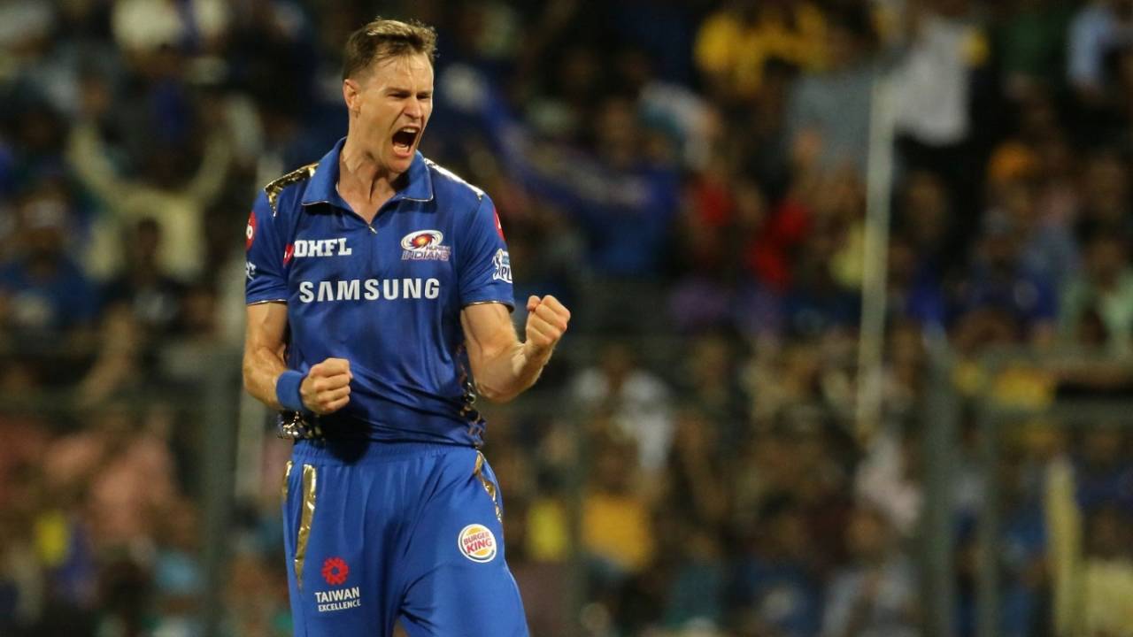 Jason Behrendorff is pumped after taking a wicket, Mumbai Indians v Chennai Super Kings, IPL 2019, Mumbai, April 3, 2019
