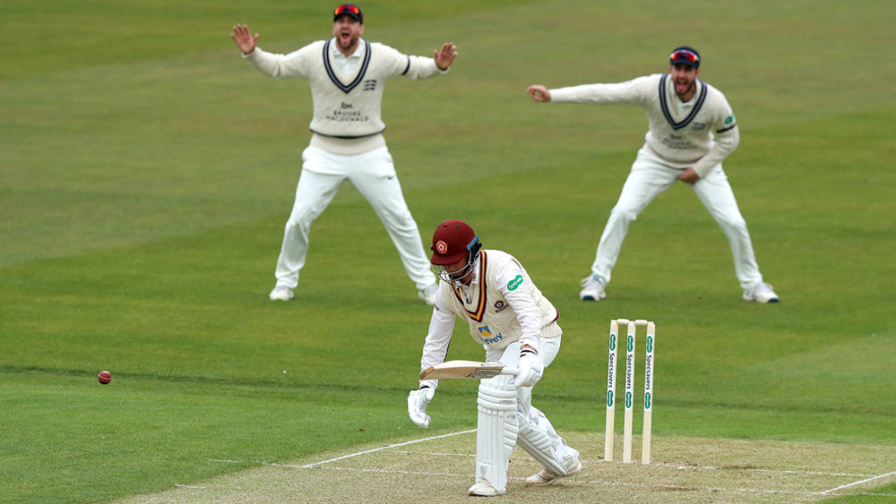 Rob Newton falls lbw to Tim Murtagh, Northants v Middlesex, County Championship Division Two, Wantage Road, April 5, 2019