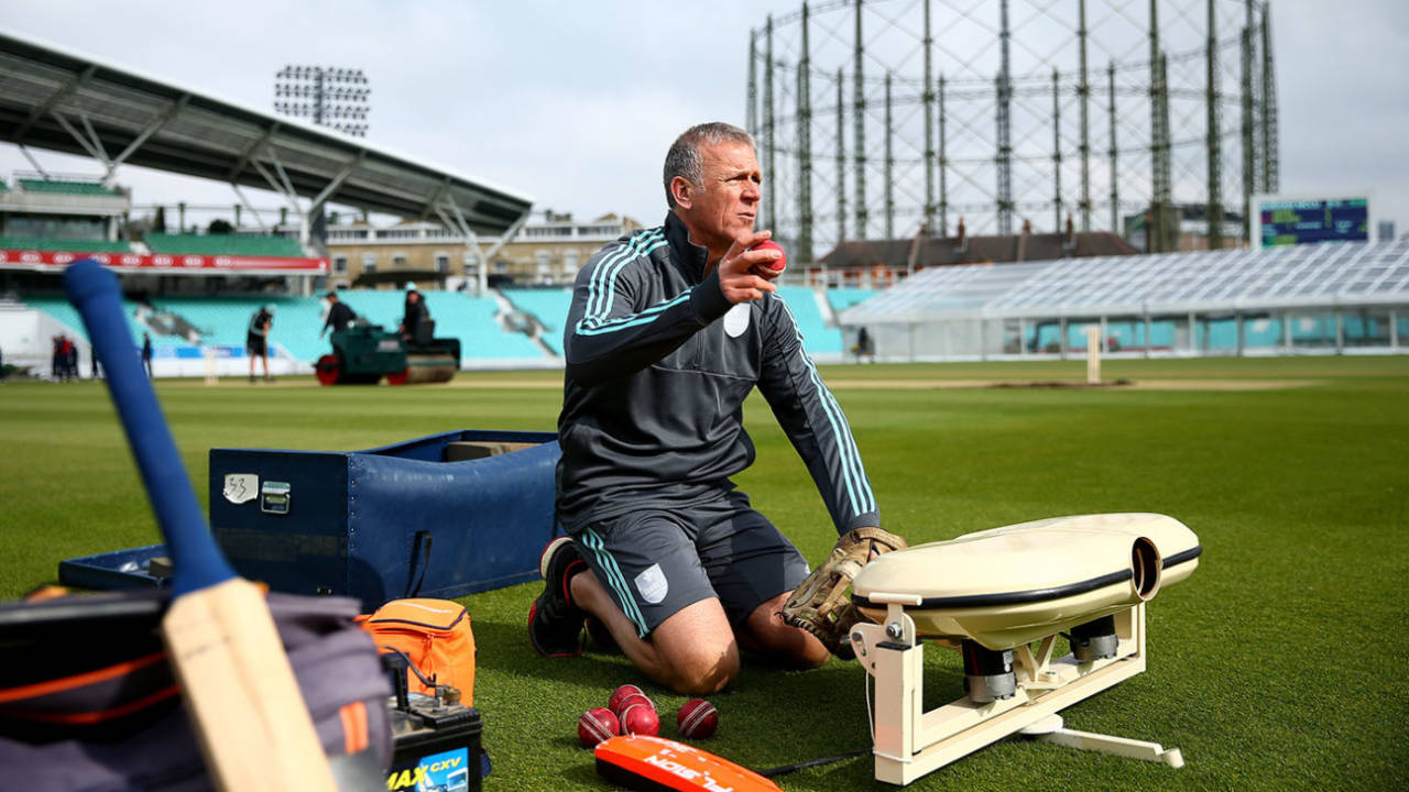 Alec Stewart feeds the bowling machine, Surrey v Durham MCCU, The Oval, April 6, 2019