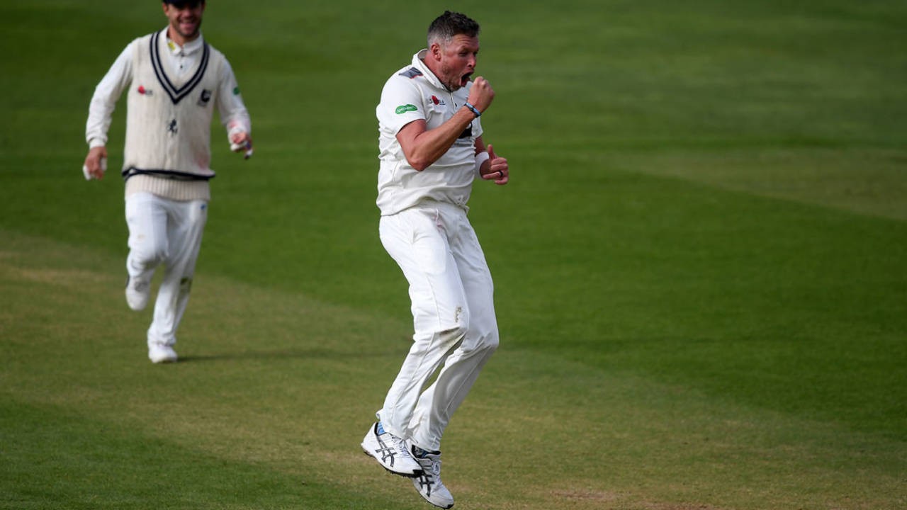 Mitch Claydon lets out a roar of celebration, Somerset v Kent, County Championship, Division One, Taunton, April 6, 2019