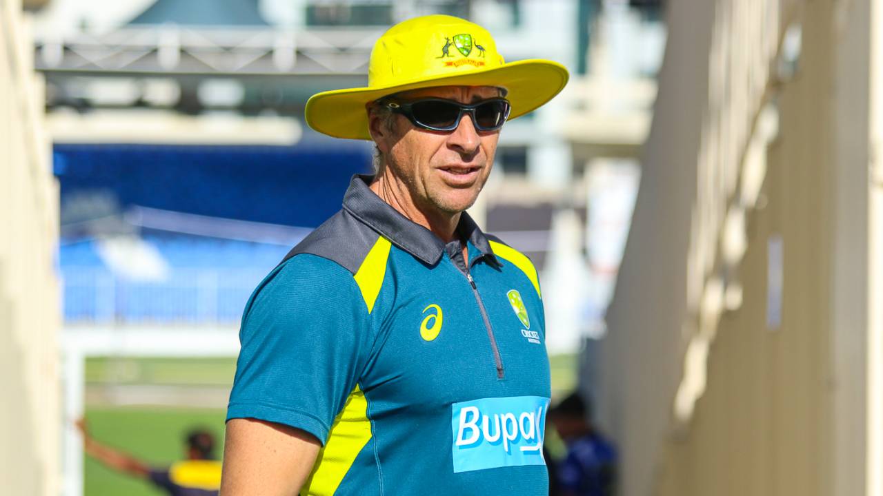 Bowling coach Troy Cooley observes an Australia net session