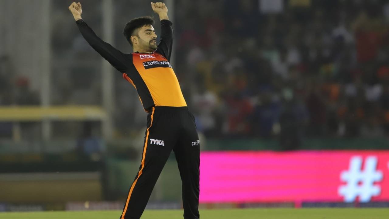 Rashid Khan celebrates a wicket, Kings XI Punjab v Sunrisers Hyderabad, IPL 2019, Mohali, April 8, 2019