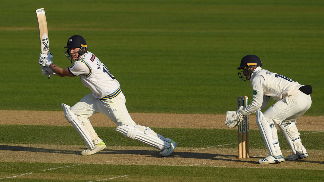 Gary Ballance of Yorkshire hits out as wicketkeeper Lewis McManus of Hampshire looks on, Hampshire v Yorkshire, day 1, Ageas Bowl, April 11, 2019