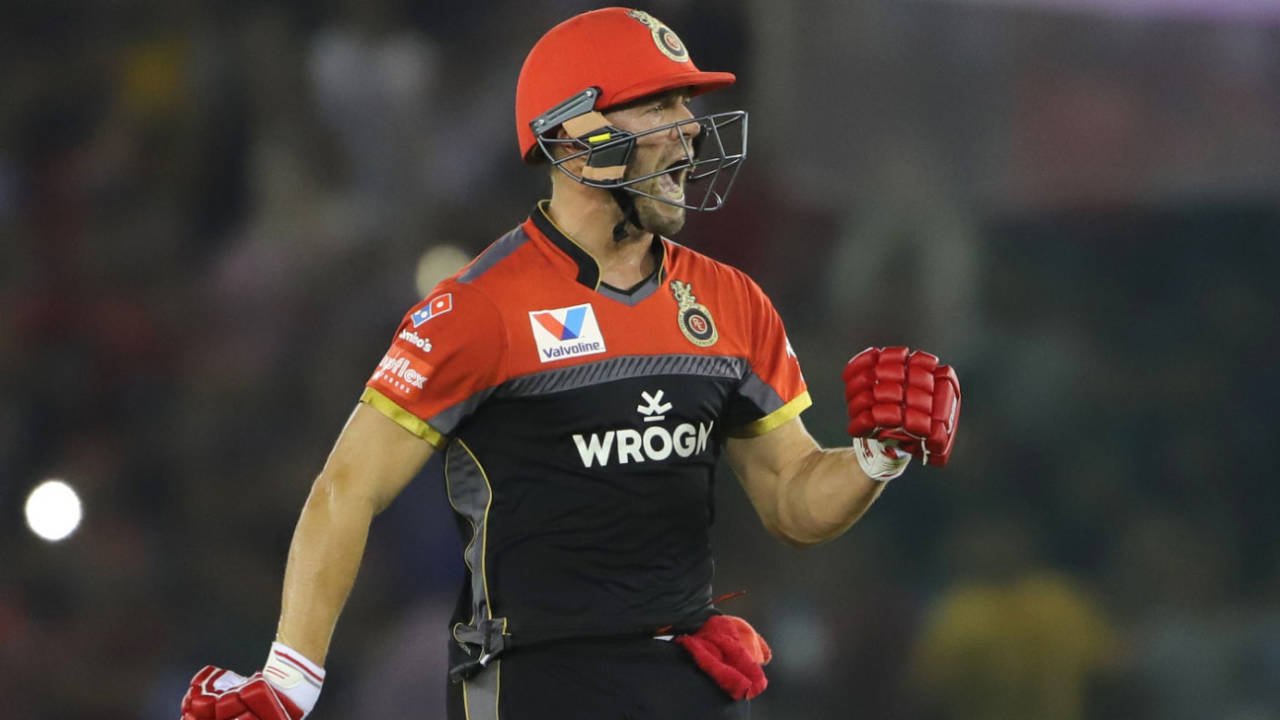AB de Villiers screams after taking Royal Challengers Bangalore to a win, Kings XI Punjab v Royal Challengers Bangalore, IPL 2019, Mohali, April 13, 2019
