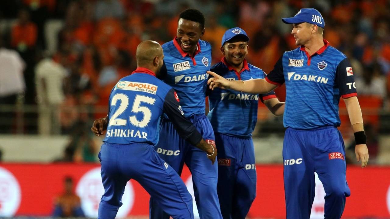 Kagiso Rabada is mobbed by his team-mates after taking two in two, Sunrisers Hyderabad v Delhi Capitals, IPL 2019, Hyderabad, April 14, 2019
