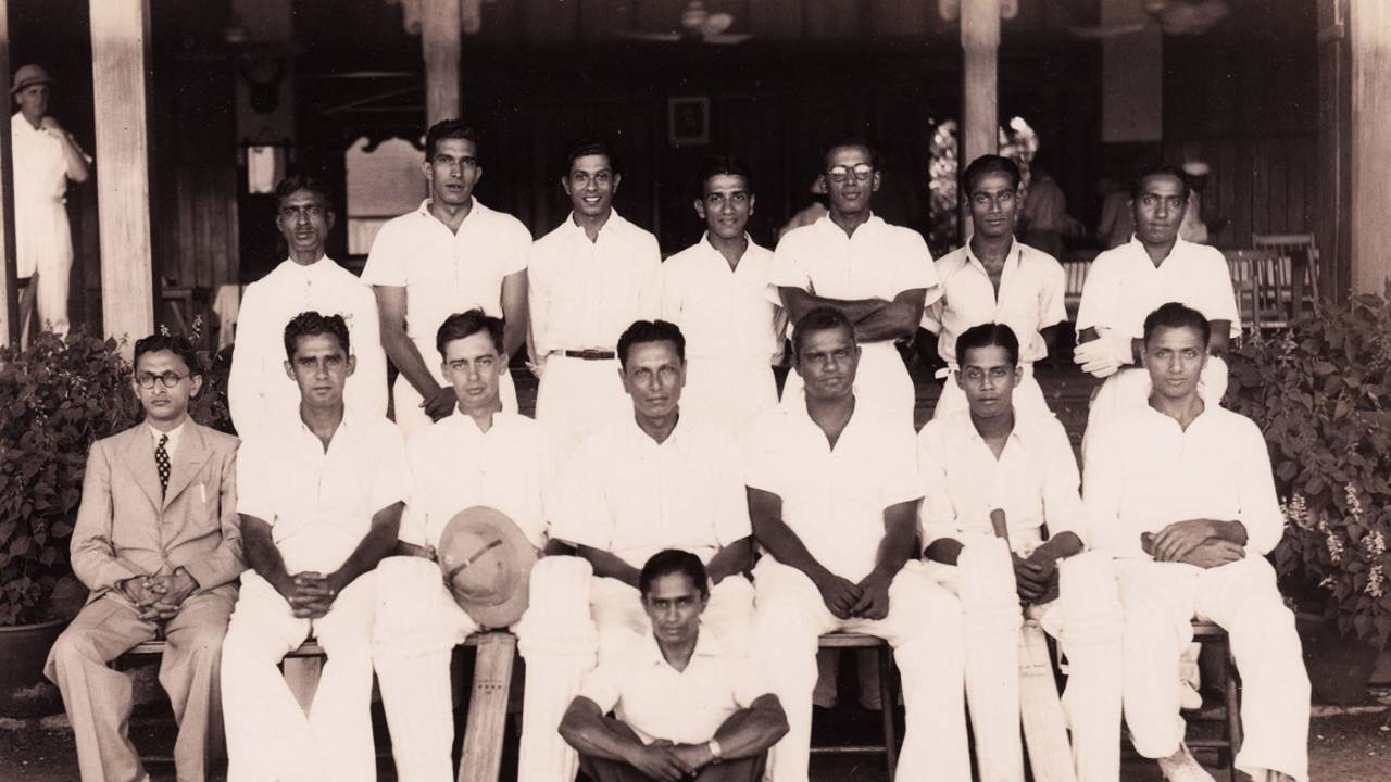 The Ceylon squad to play against a South India XI: Derrick de Saram (sitting, third from left), captain BR Heyn (fourth) and Mahadevan Sathasivam (sixth)