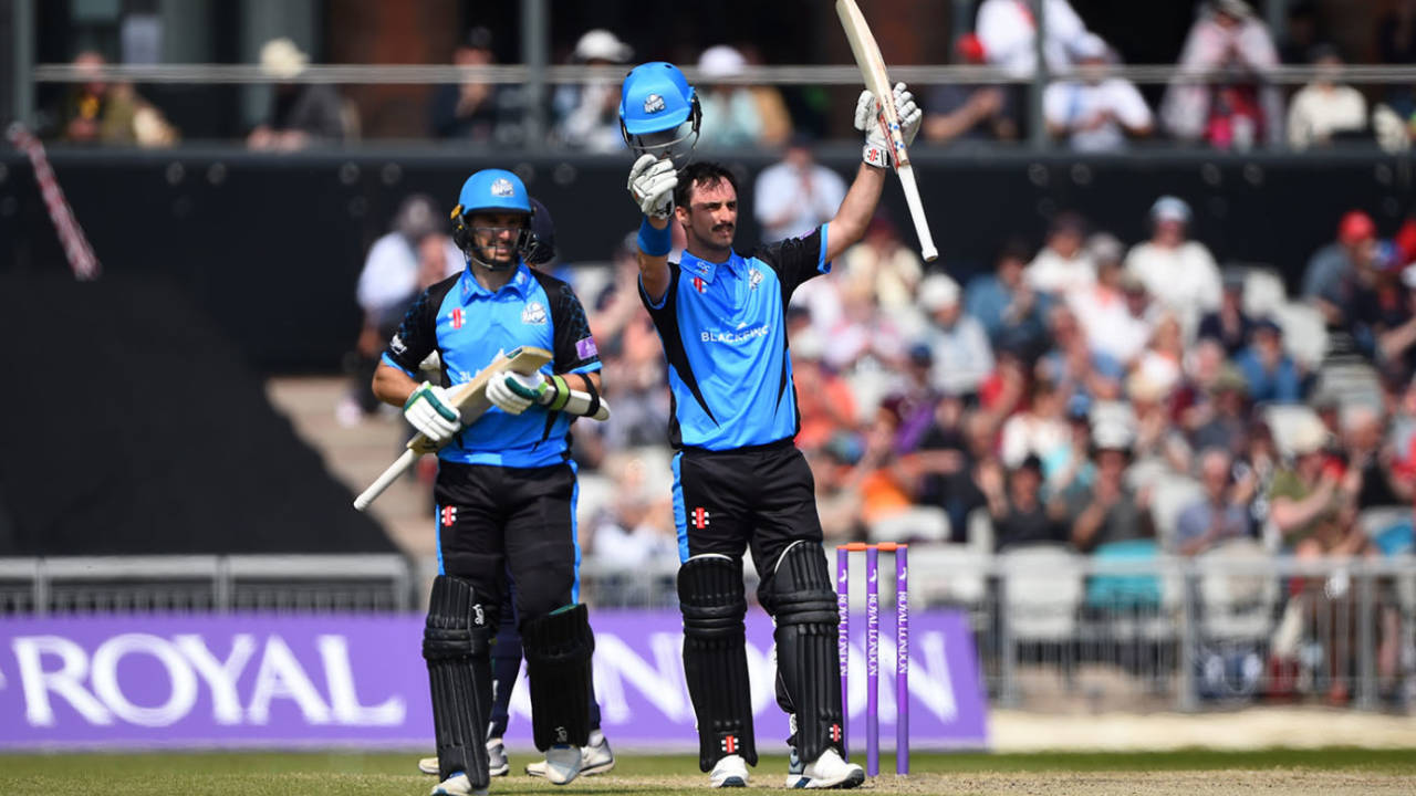 Hamish Rutherford celebrates his hundred, Lancashire v Worcestershire, Royal London Cup, North Group, Old Trafford, April 17, 2019