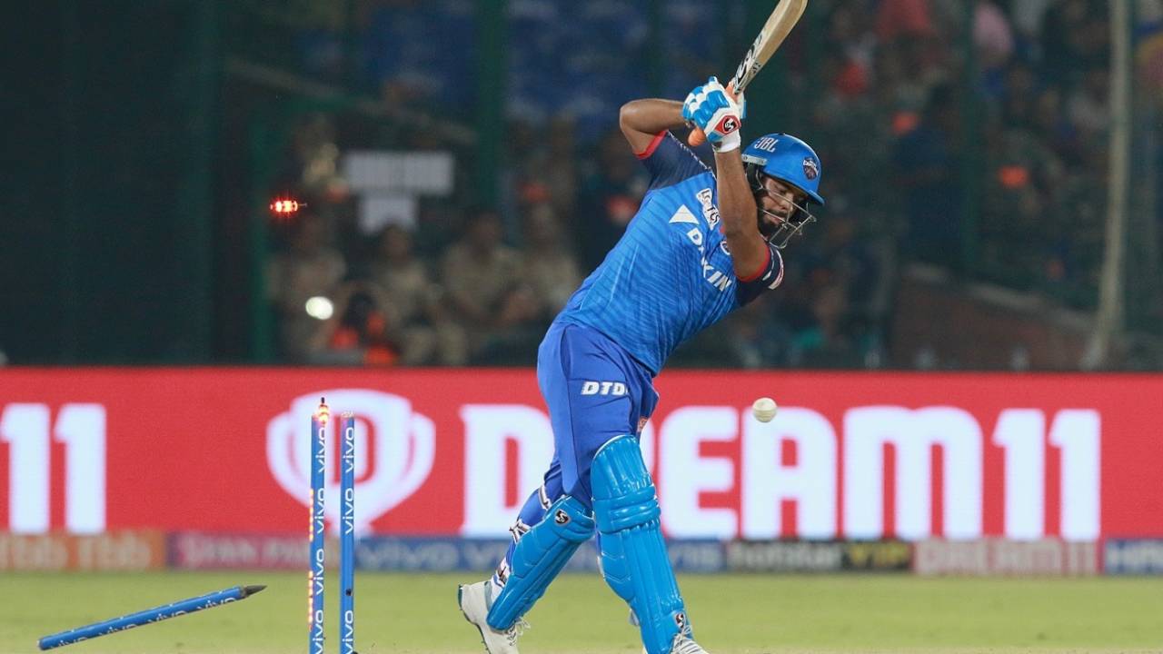 Rishabh Pant loses his off stump, Delhi Capitals v Mumbai Indians, IPL 2019, Delhi, April 18, 2019