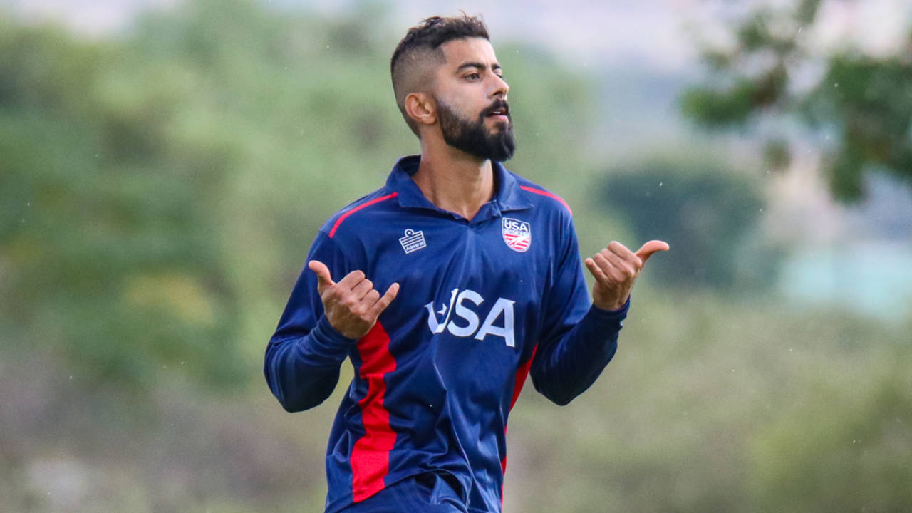 Ali Khan breaks out into a DJ Bravo dance after taking another wicket, Oman v USA, WCL Division Two, Windhoek, April 20, 2019