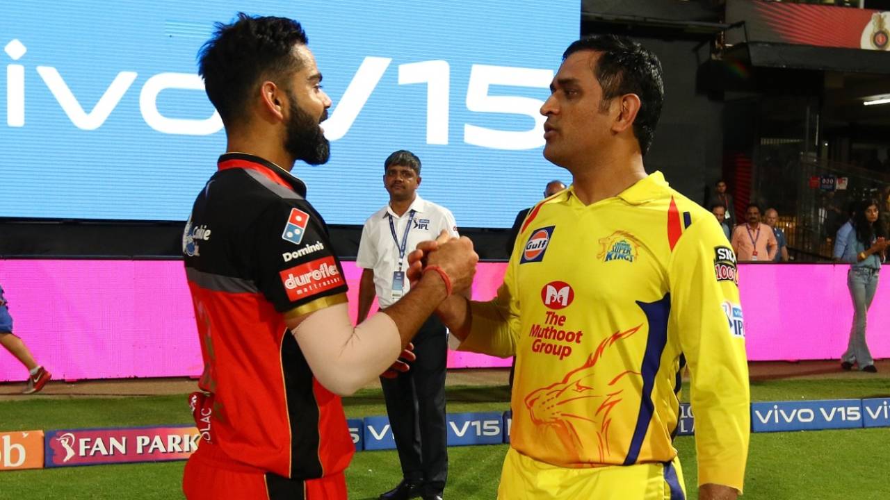 Virat Kohli and MS Dhoni greet each other, Royal Challengers Bangalore v Chennai Super Kings, IPL 2019, Bengaluru, April 21, 2019