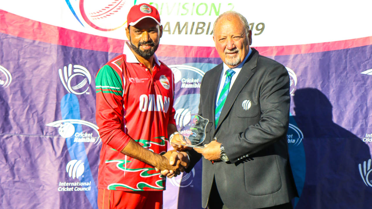 Bilal Khan accepts the Man of the Match award after his 4 for 30, Hong Kong v Oman, WCL Division Two, Windhoek, April 23, 2019