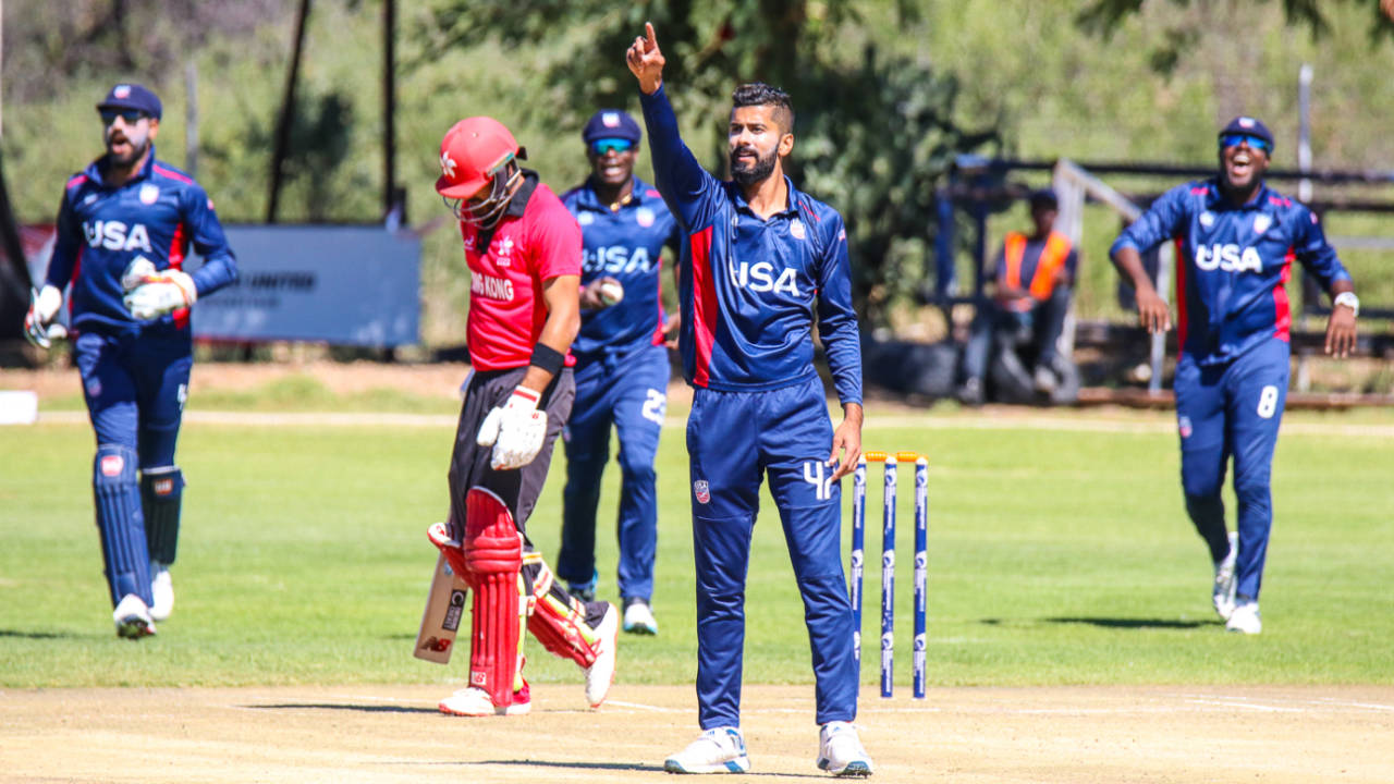 Ali Khan celebrates after claiming the prized scalp of Anshuman Rath with a yorker, Hong Kong v USA, WCL Division Two, Windhoek, April 24, 2019