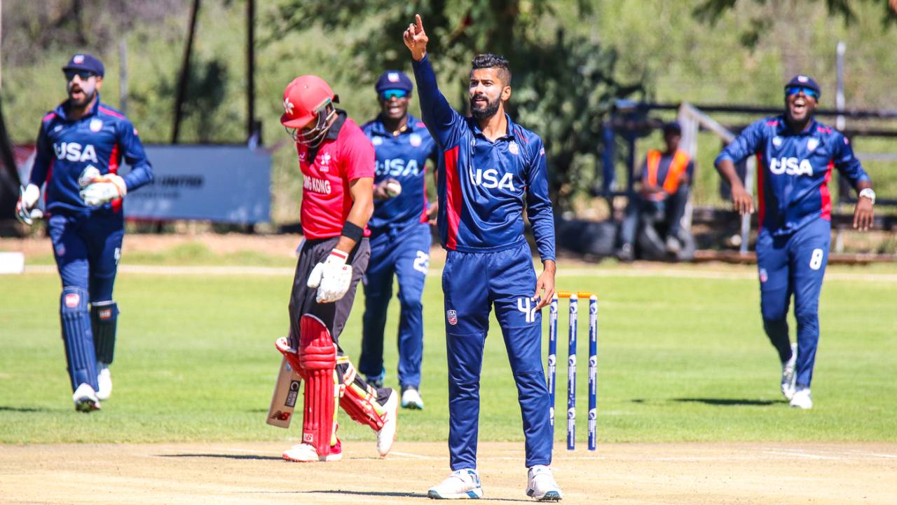 Ali Khan celebrates after claiming the prized scalp of Anshuman Rath with a yorker, Hong Kong v USA, WCL Division Two, Windhoek, April 24, 2019