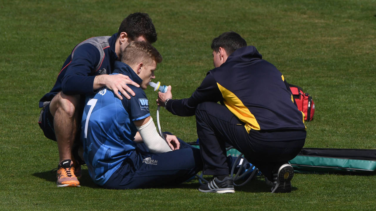 Sam Billings receives treatment after hurting his shoulder, Glamorgan v Kent, Royal London Cup, South Group, April 25, 2019