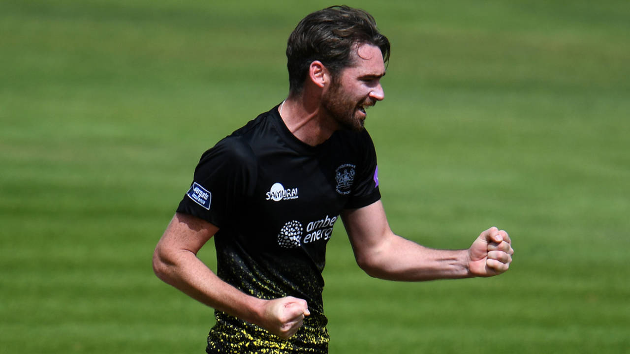 Chris Liddle pumps his fists in celebration, Hampshire v Gloucestershire, Royal London Cup, Ageas Bowl, April 26, 2019