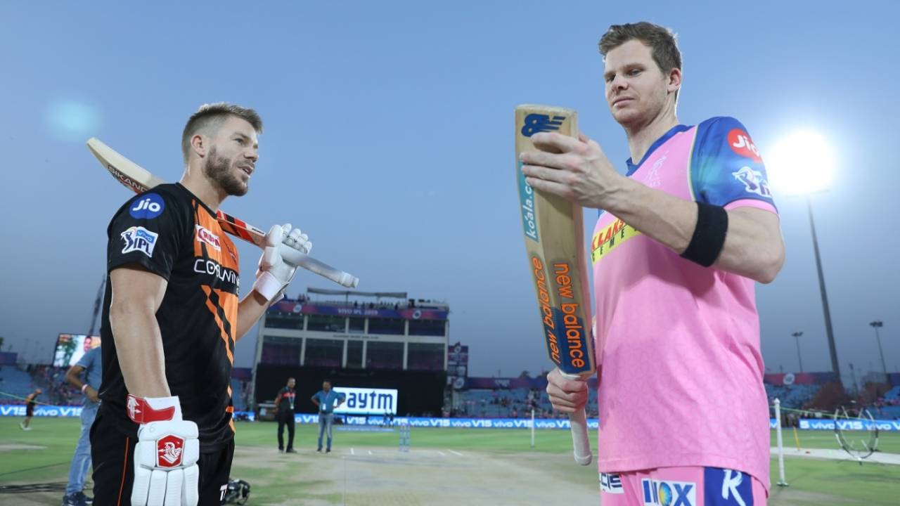 David Warner and Steven Smith before the toss, Rajasthan Royals v Sunrisers Hyderabad, IPL 2019, Jaipur, April 27, 2019