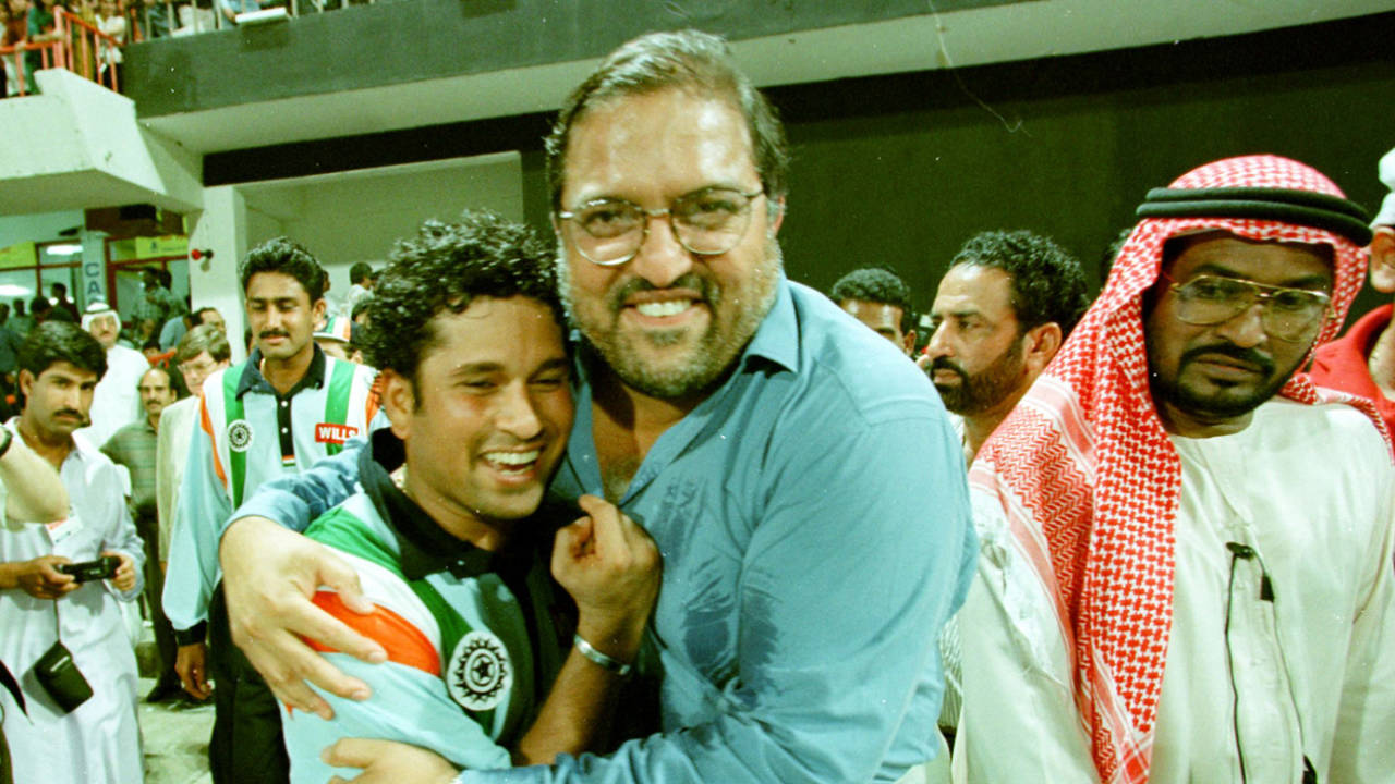 WorldTel's Mark Mascarenhas gives Sachin Tendulkar a hug, Australia v India, Coca Cola Cup final, Sharjah, April 24, 1998