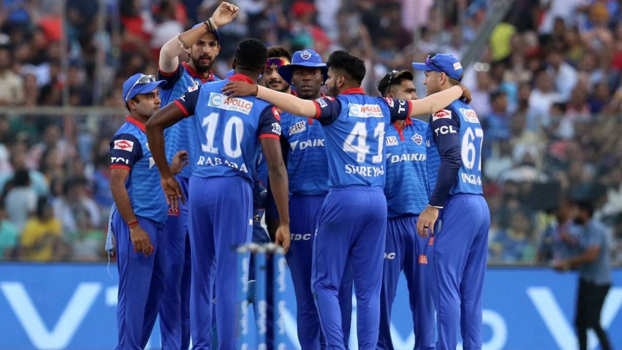 The Delhi Capitals players celebrate Parthiv Patel's dismissal, Delhi Capitals v Royal Challengers Bangalore, IPL 2019, Delhi, April 28, 2019