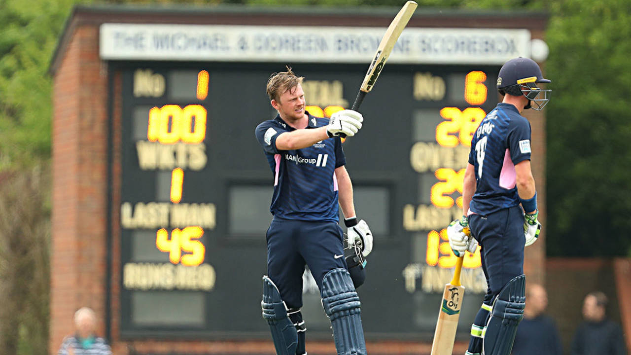 Sam Robson of Middlesex celebrates his century, Middlesex v Somerset, Royal London One Day Cup, Radlett, May 1, 2019