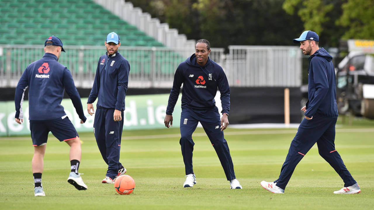Jofra Archer takes part in a game of warm-up football, Malahide, May 2, 2019