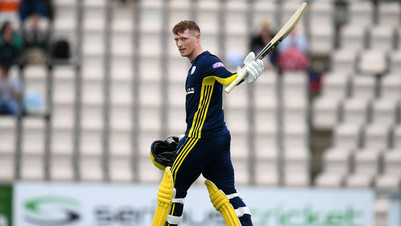 Tom Alsop acknowledges the crowd after reaching his century, Hampshire v Sussex, Royal London Cup, South Group, Ageas Bowl, May 2, 2019