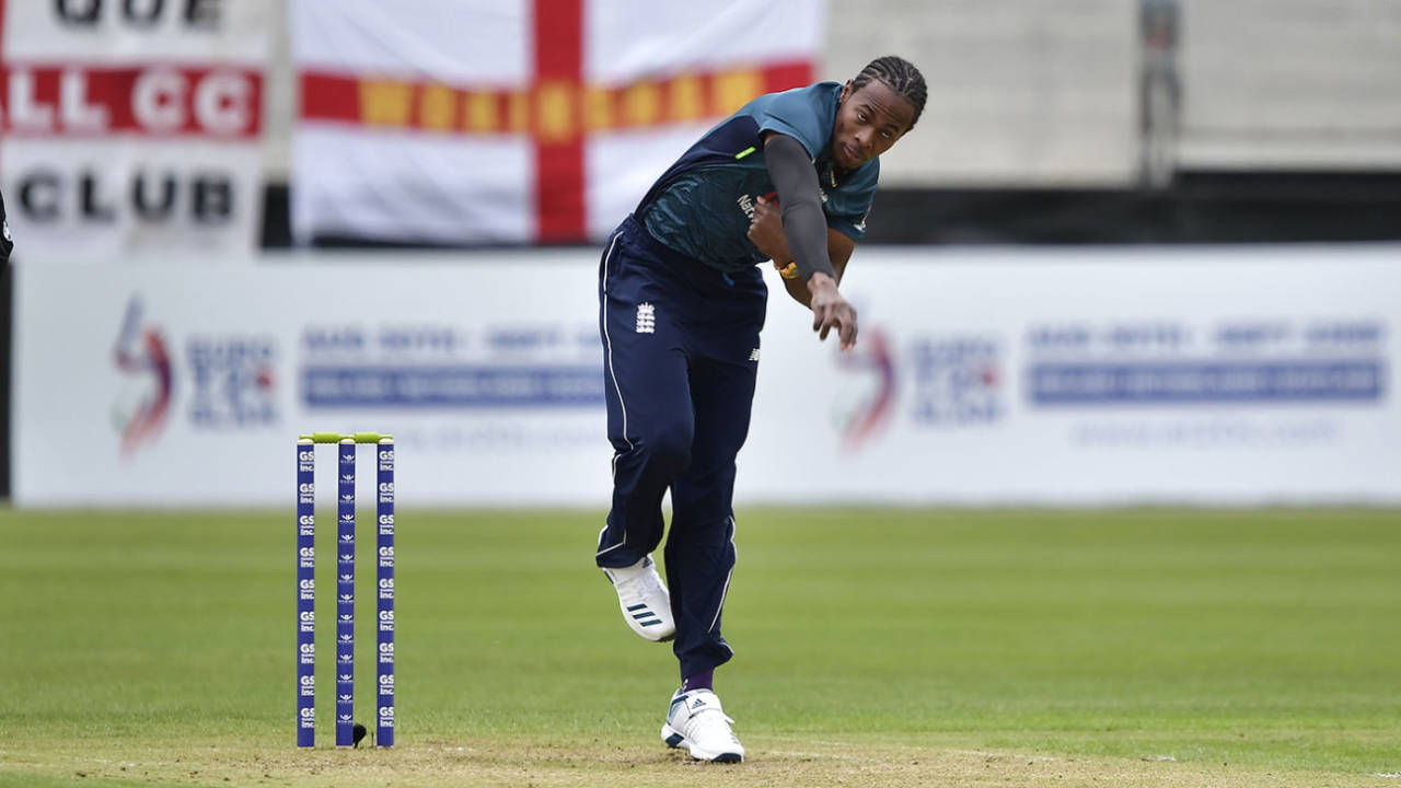 Jofra Archer in his followthrough, Ireland v England, only ODI, May 3, 2019
