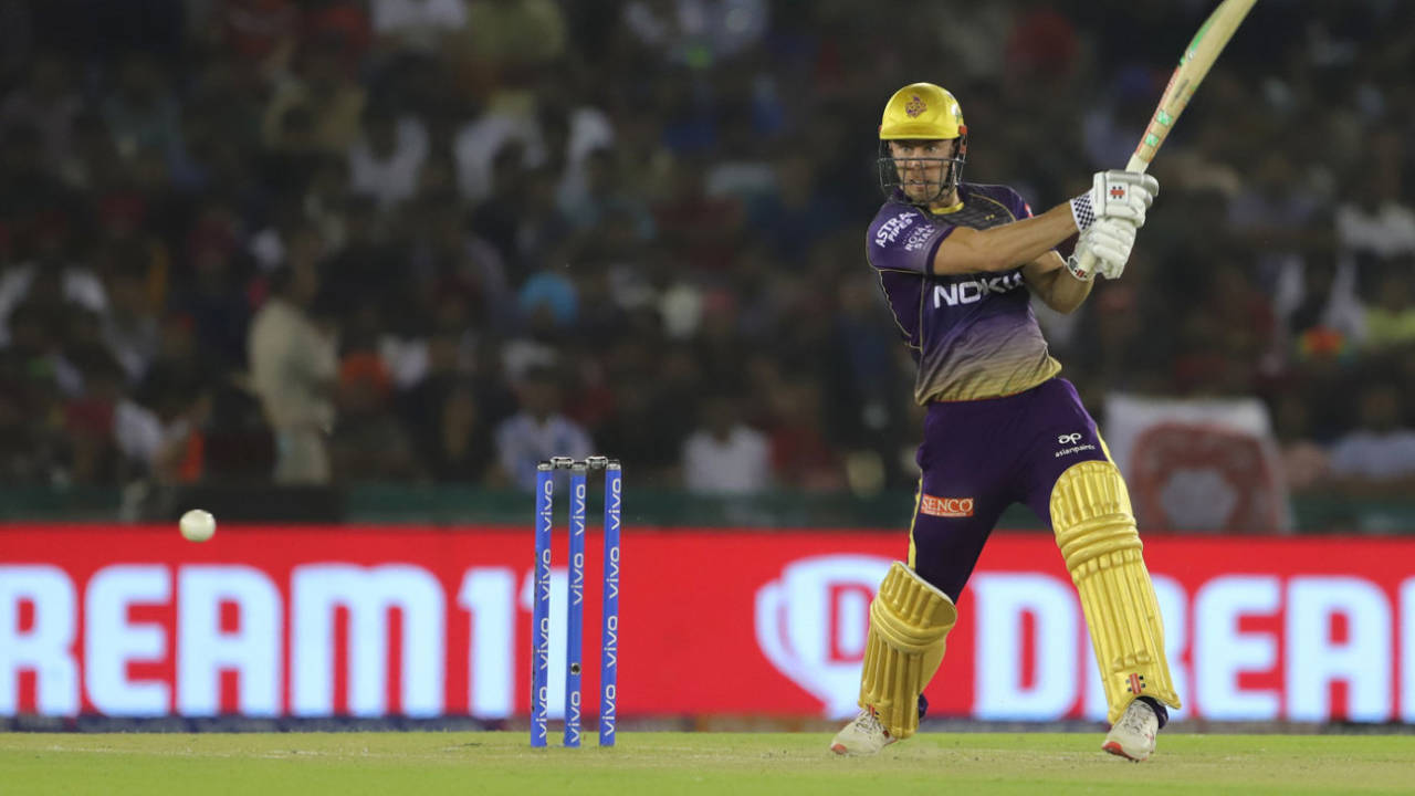 Chris Lynn drills one past mid-off, Kings XI Punjab v Kolkata Knight Riders, IPL 2019, Mohali, May 3, 2019