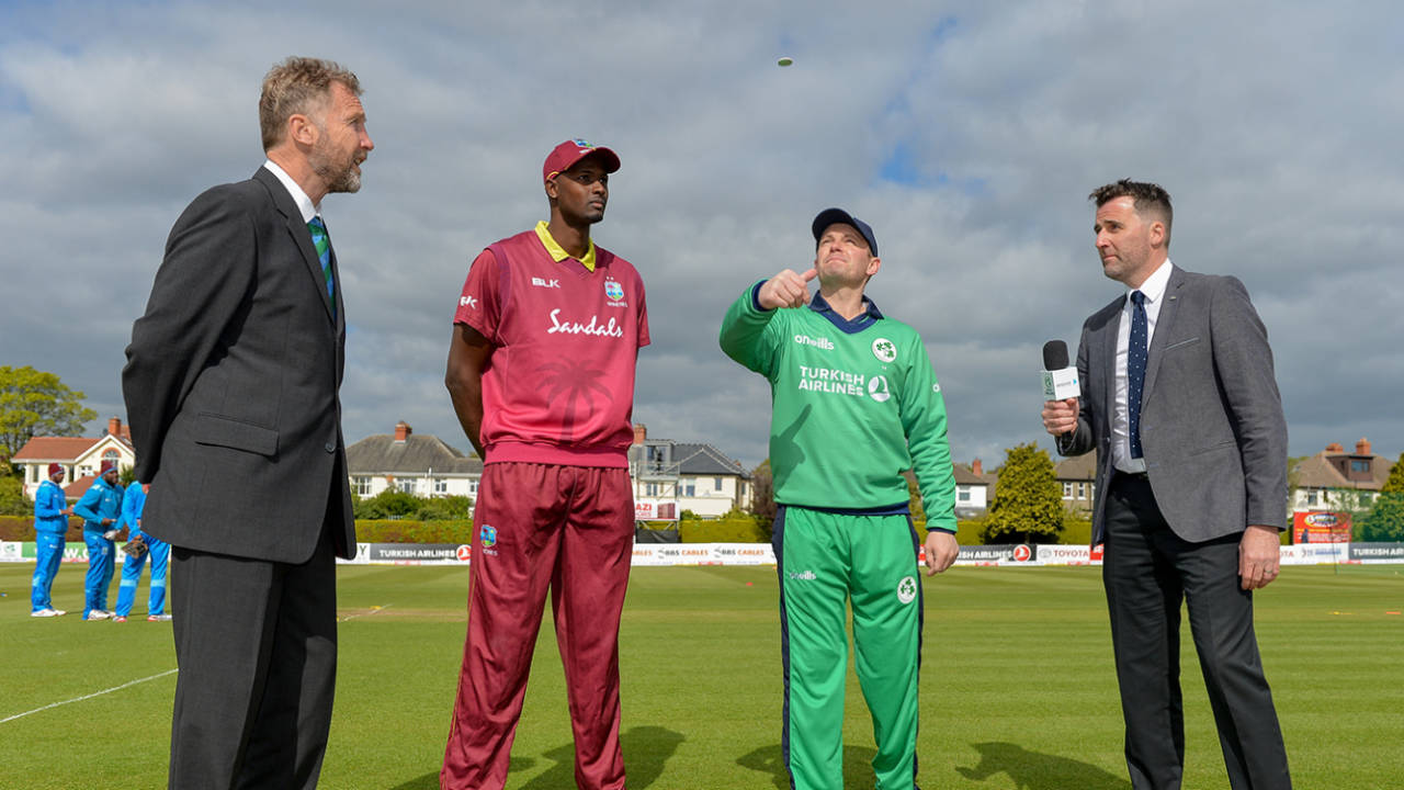 William Porterfield tosses, Jason Holder calls, Ireland v West Indies, Ireland Tri-Nation Series, Dublin, May 5, 2019