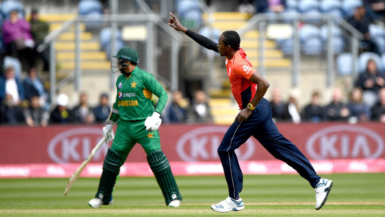 Jofra Archer struck in his first over, England v Pakistan, only T20I, Cardiff, May 5, 2019
