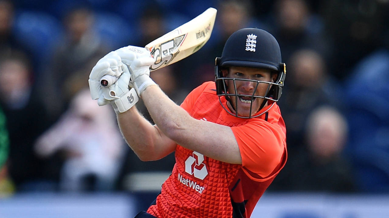 Eoin Morgan drills through the off side, England v Pakistan, only T20I, Cardiff, May 5, 2019