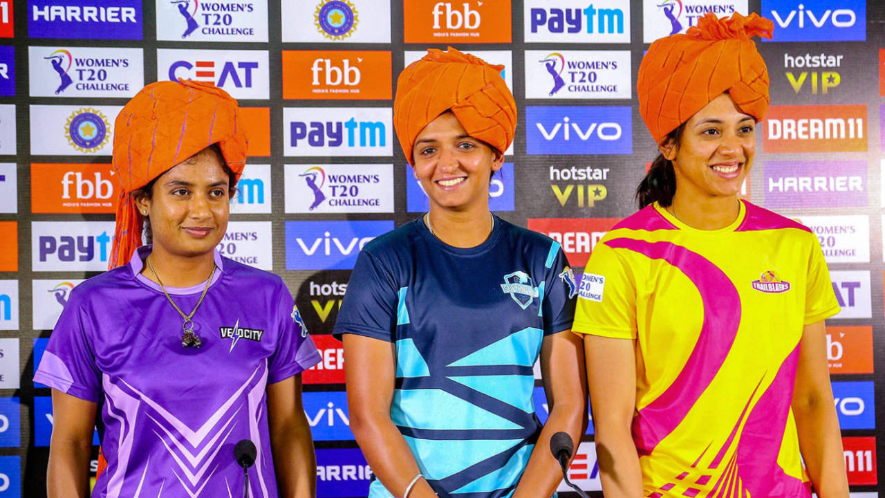 Mithali Raj, Harmanpreet Kaur and Smriti Mandhana pose before the 2019 edition of the Women's T20 Challenge