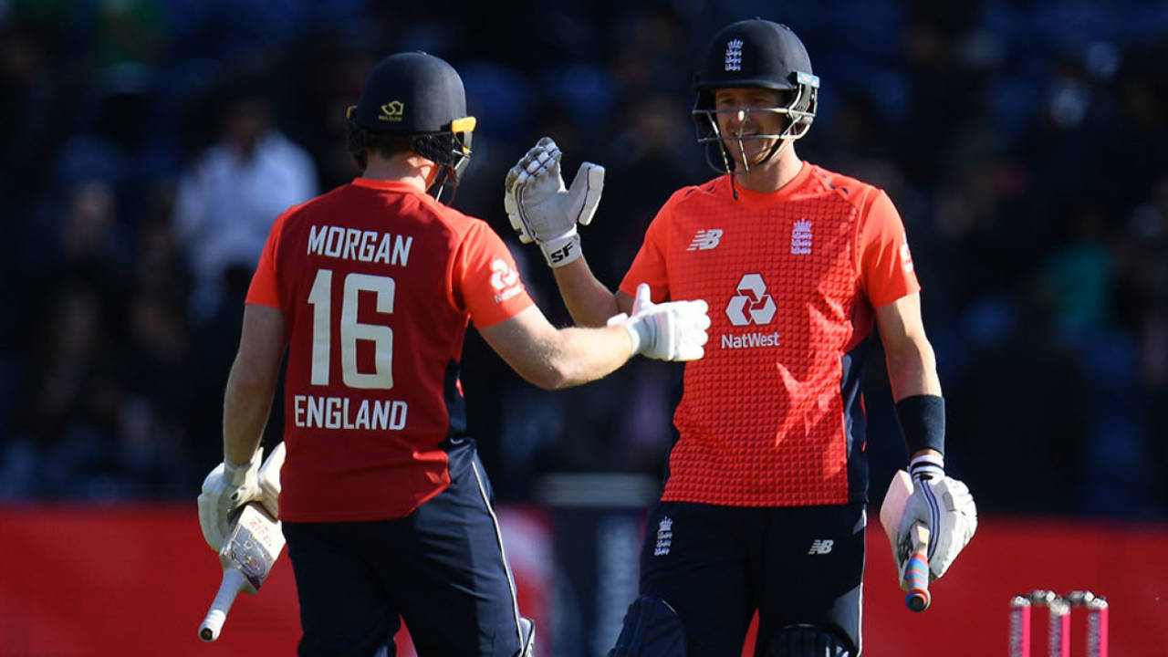 Eoin Morgan and Joe Denly celebrate victory, England v Pakistan, only T20I, Cardiff, May 5, 2019