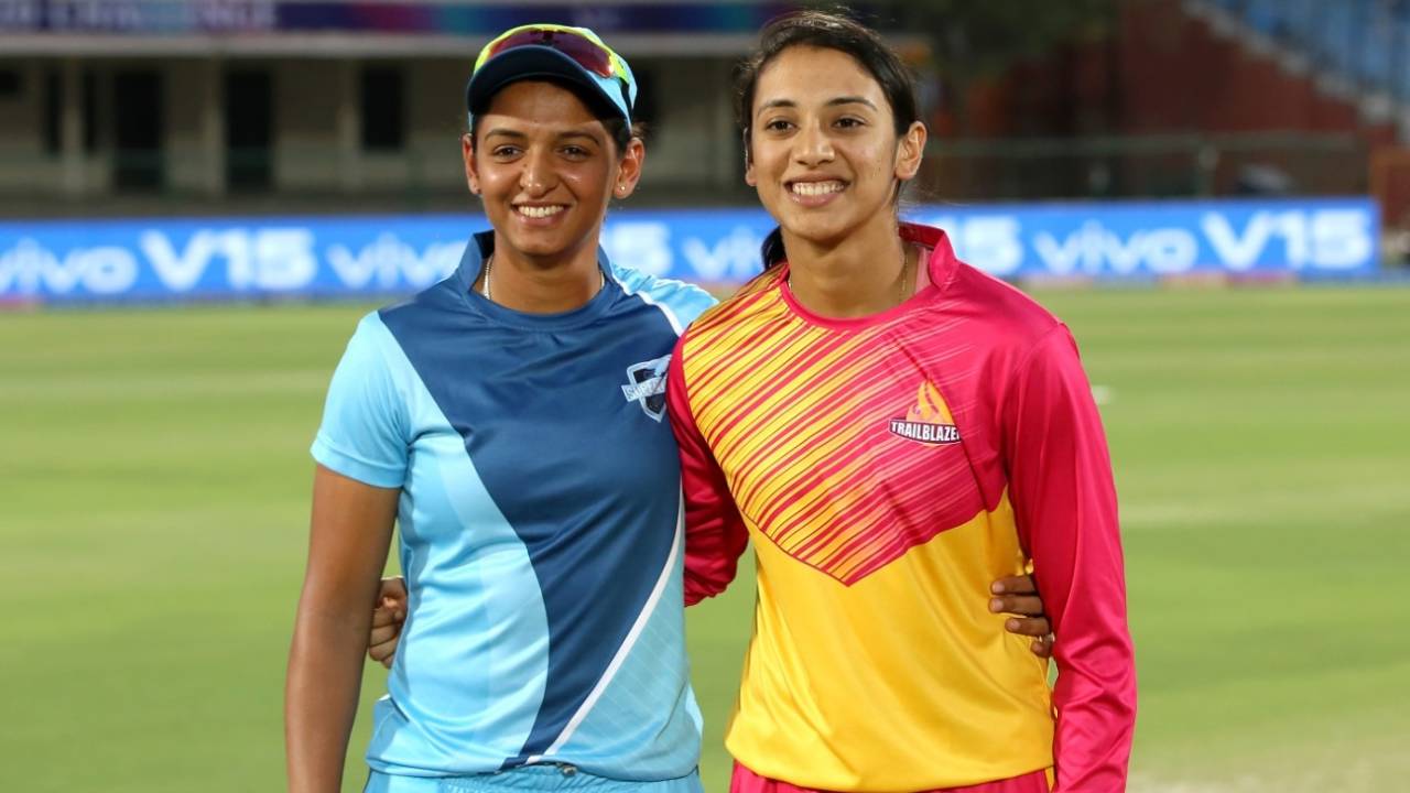 Captains Harmanpreet Kaur and Smriti Mandhana pose ahead of the toss, Supernovas v Trailblazers, Women's T20 Challenge, Jaipur, May 6, 2019