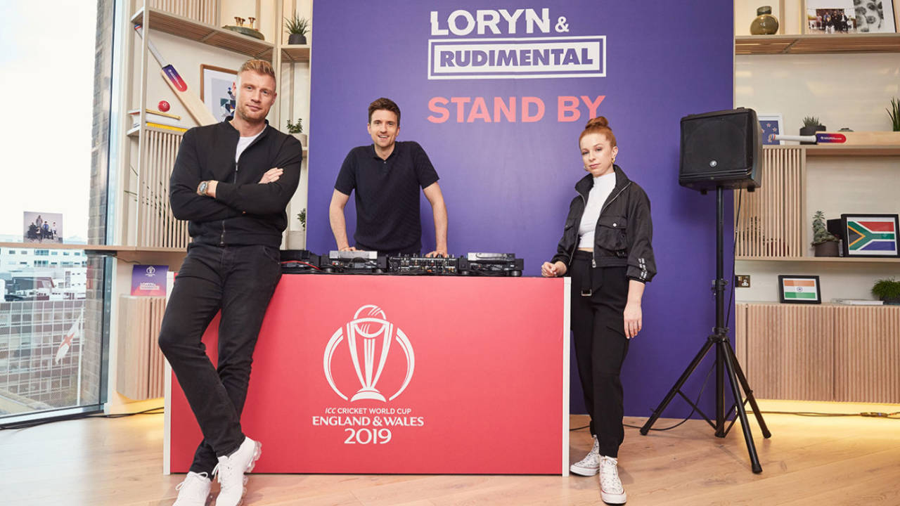Andrew Flintoff, Greg James and LORYN at the launch of the official World Cup song&nbsp;&nbsp;&bull;&nbsp;&nbsp;International Cricket Council