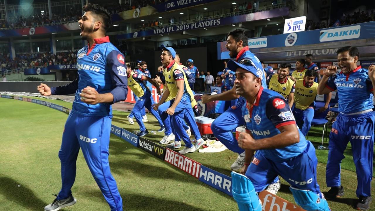 The Delhi Capitals players can't contain their emotions after winning their first playoff match, Delhi Capitals v Sunrisers Hyderabad, IPL 2019 Eliminator, Vishakhapatnam, May 8, 2019