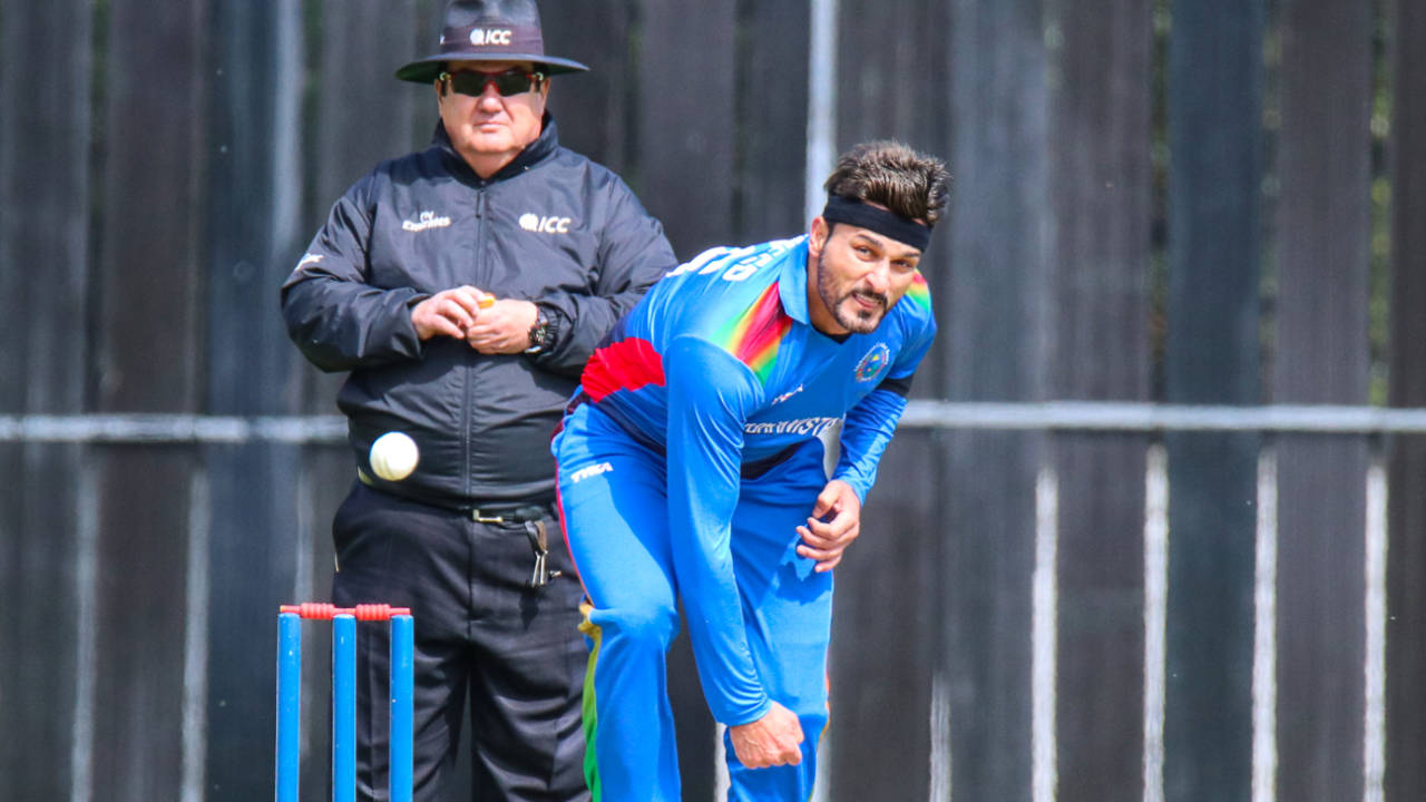Hamid Hassan sends one down in his opening spell, Scotland v Afghanistan, 2nd ODI, Edinburgh, May 10, 2019 