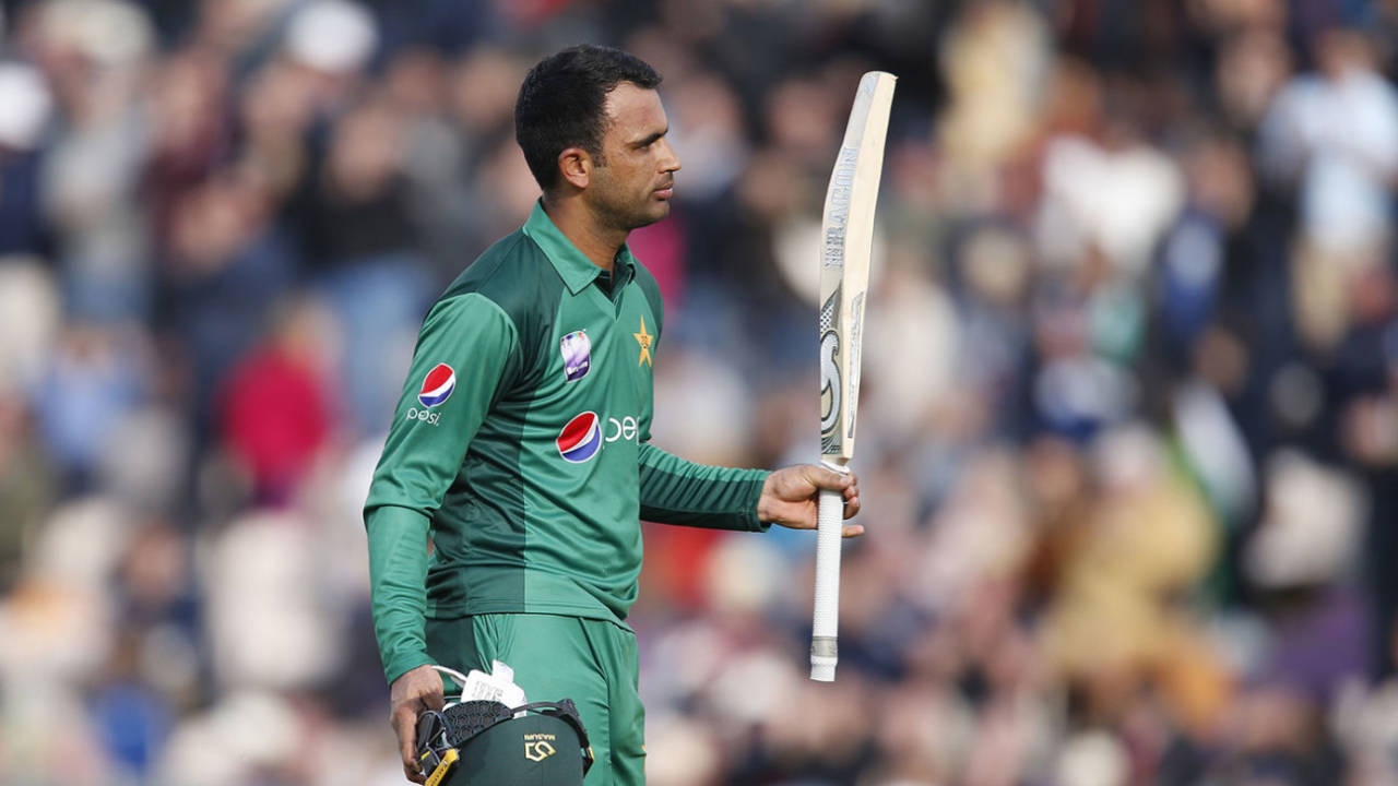 Fakhar Zaman salutes the crowd after his hundred&nbsp;&nbsp;&bull;&nbsp;&nbsp;Getty Images