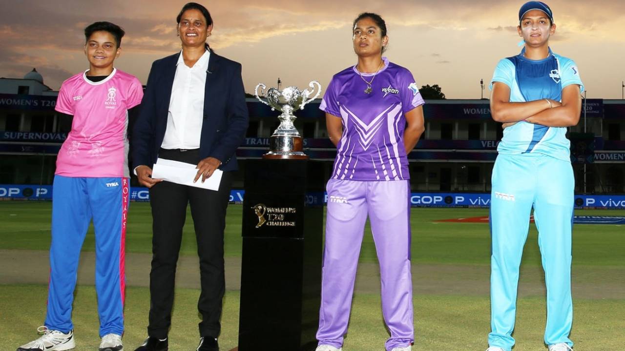 GS Lakshmi with captains Mithali Raj and Harmanpreet Kaur ahead of the final, Supernovas v Velocity, Women's T20 challenge final