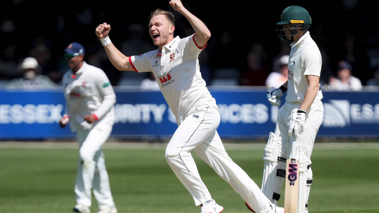 Sam Cook celebrates a breakthrough, Essex v Nottinghamshire, County Championship, Chelmsford, 1st day, May 14, 2019