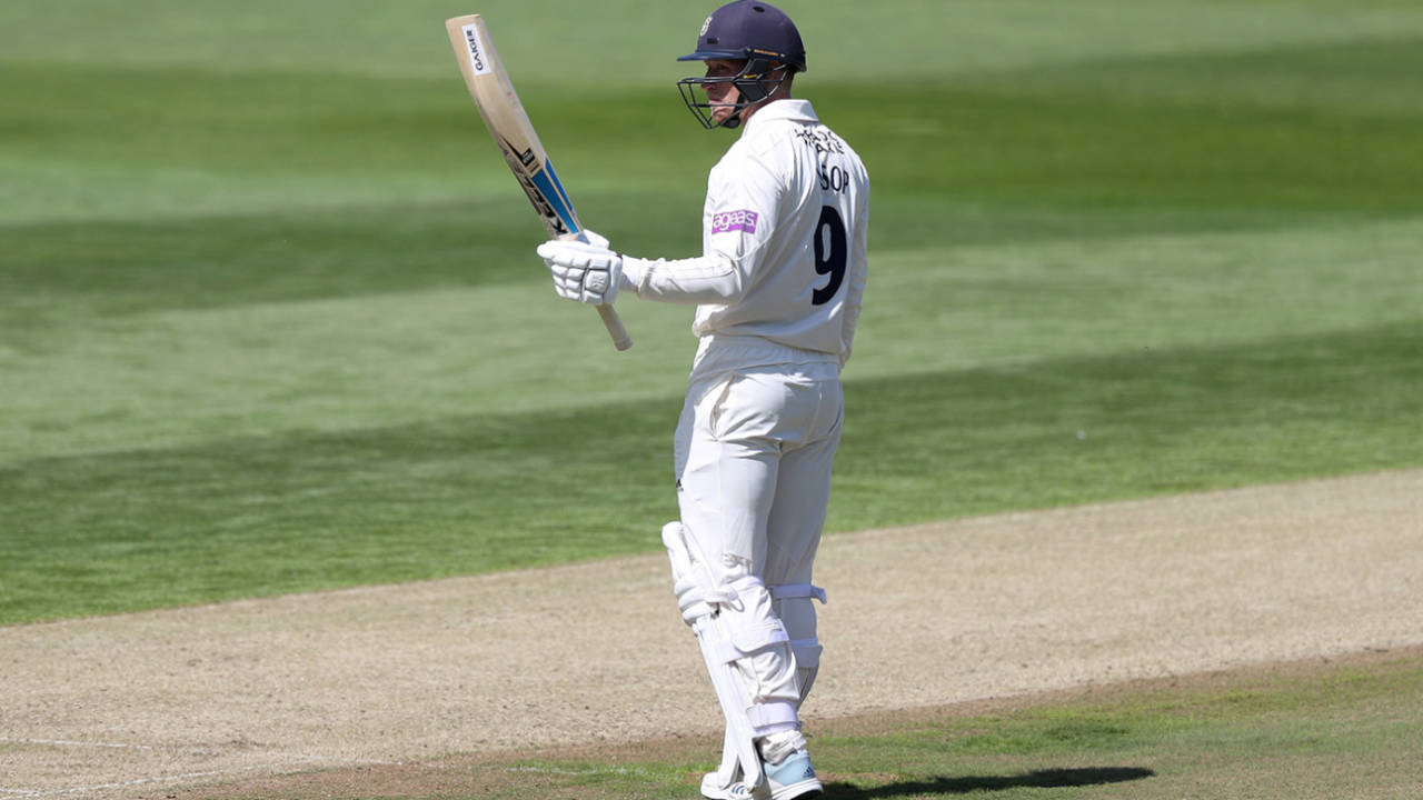 Tom Alsop raises his bat on reaching 50, Warwickshire v Hampshire, County Championship, Edgbaston, 1st day, May 14, 2019
