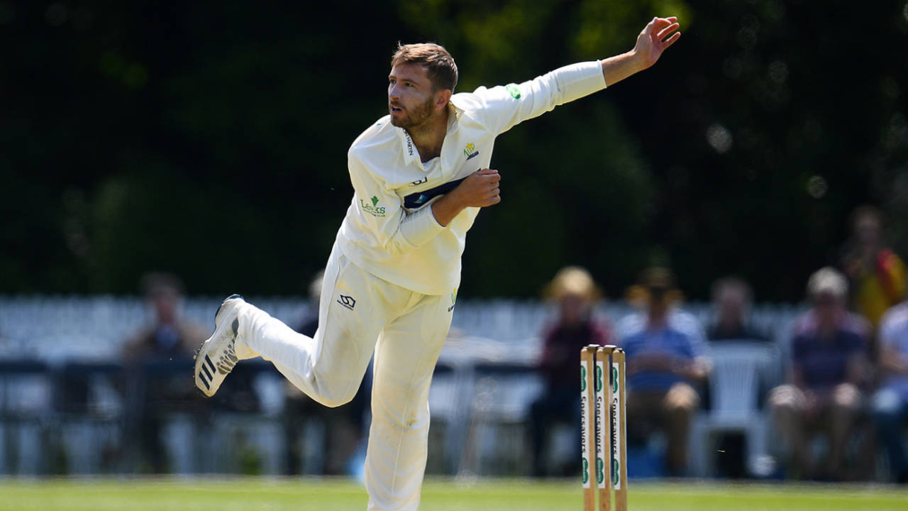 Kieran Bull in his follow through, Glamorgan v Gloucestershire, County Championship, Newport, 1st day, May 14, 2019