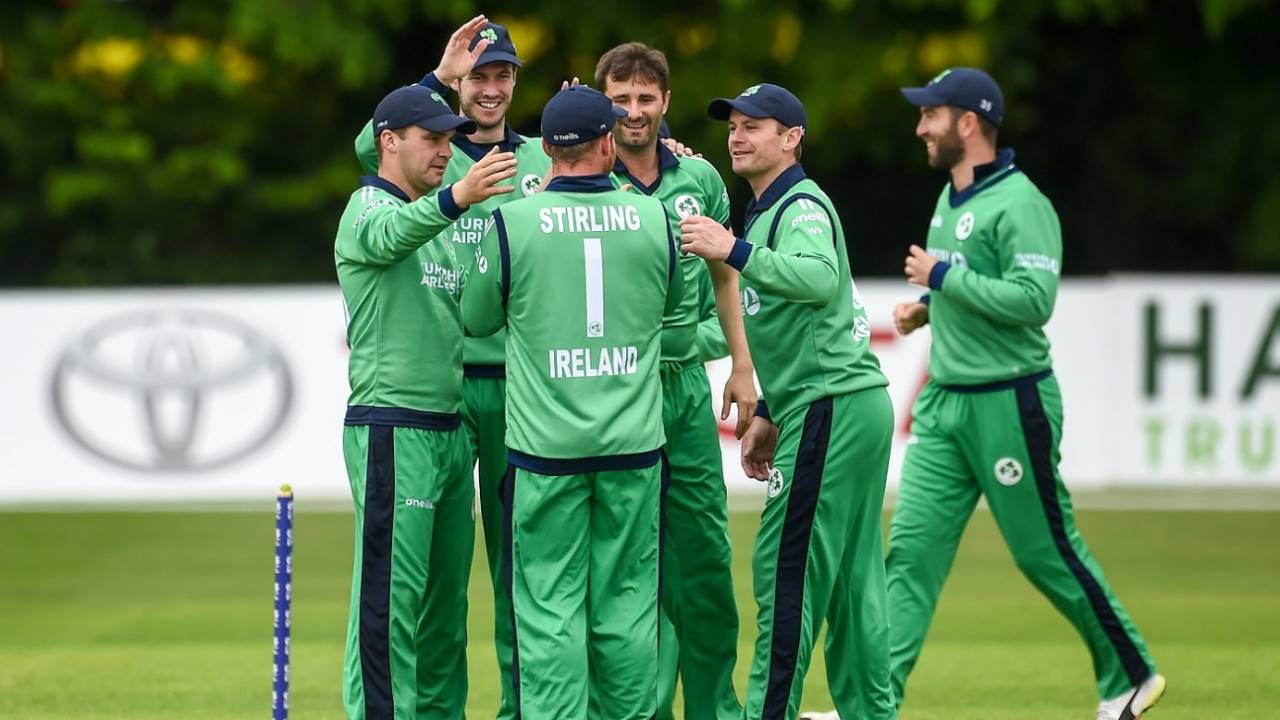 The Ireland players gather together to celebrate a wicket, Ireland v Afghanistan, 1st ODI, Belfast, May 19, 2019