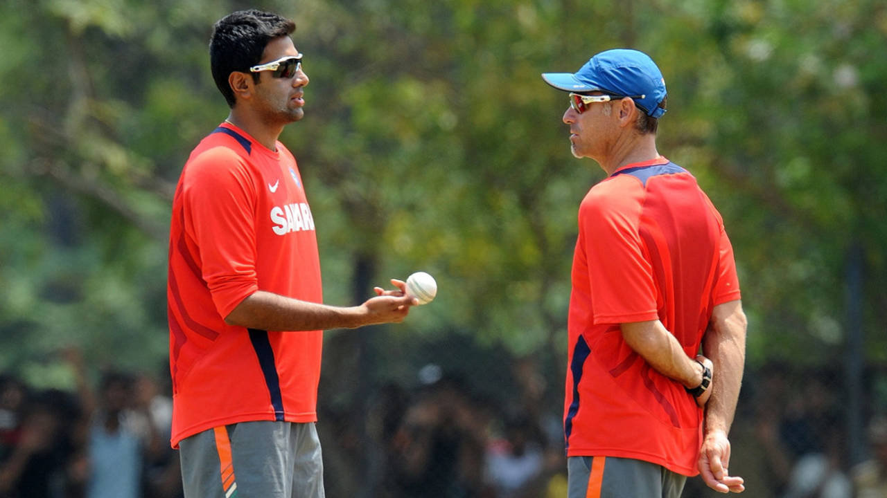 R Ashwin (left) talks to mental conditioning coach Paddy Upton during a training session at the IIT grounds ahead of the match against West Indies, Chennai, March 16, 2011