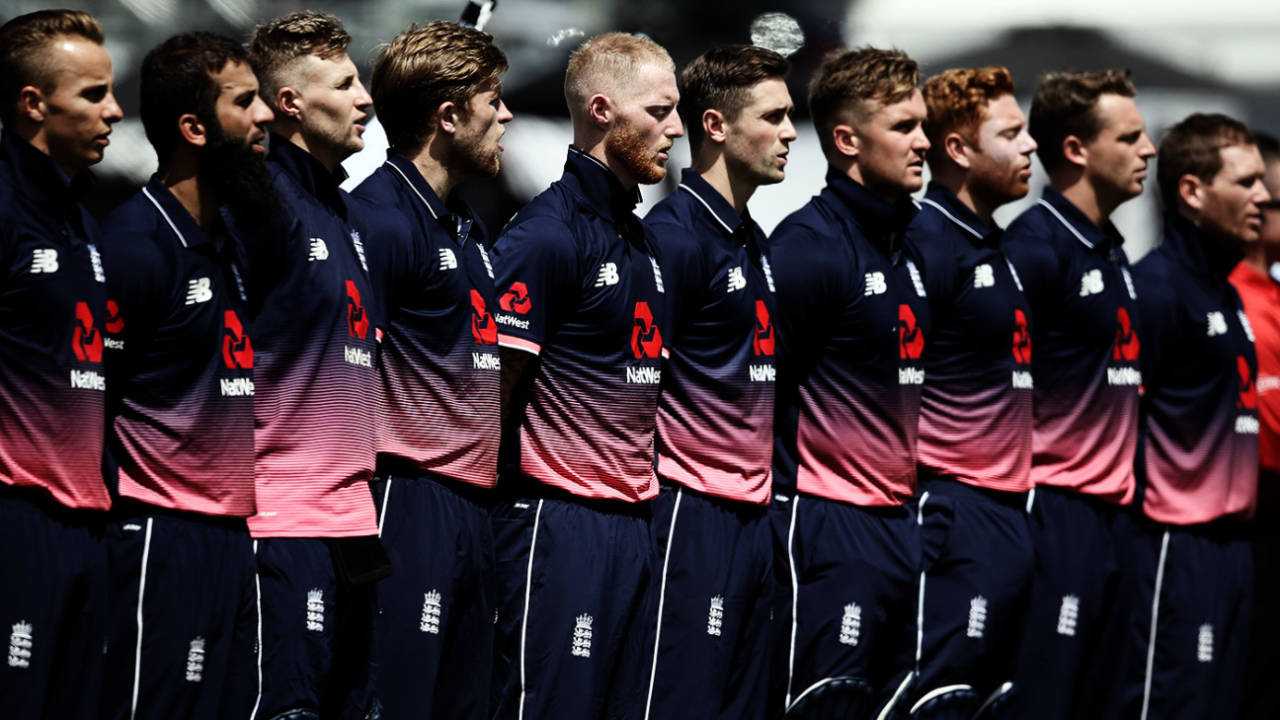 England players line up for the national anthem, New Zealand v England, 1st ODI, Hamilton, February 25, 2018