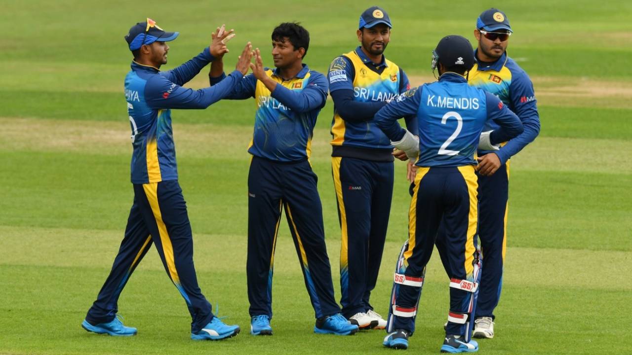 Jeevan Mendis is congratulated by his team-mates, South Africa v Sri Lanka, warm-up match, World Cup 2019, Cardiff, May 24, 2019