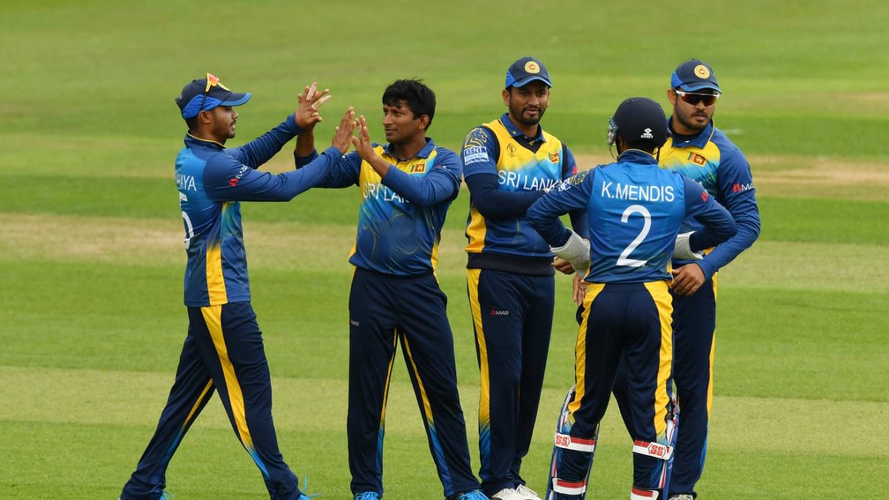 Jeevan Mendis is congratulated by his team-mates, South Africa v Sri Lanka, warm-up match, World Cup 2019, Cardiff, May 24, 2019