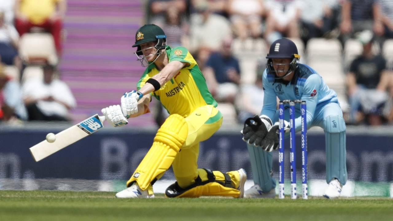Steven Smith prepares to slog with Jonny Bairstow looking on, England v Australia, World Cup 2019 warm-up, Southampton, May 25, 2019