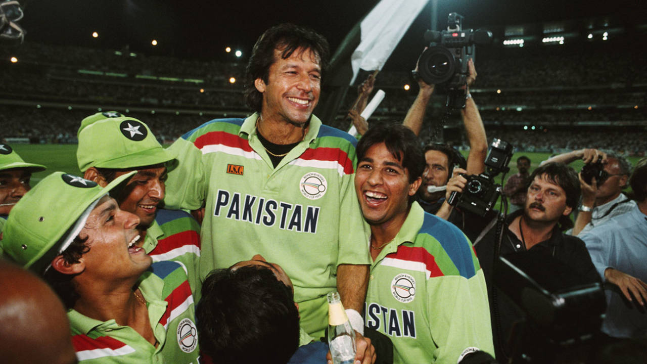 Imran Khan is hoisted up by his team-mates after winning the World Cup, England v Pakistan, World Cup final, MCG, March 25, 1992