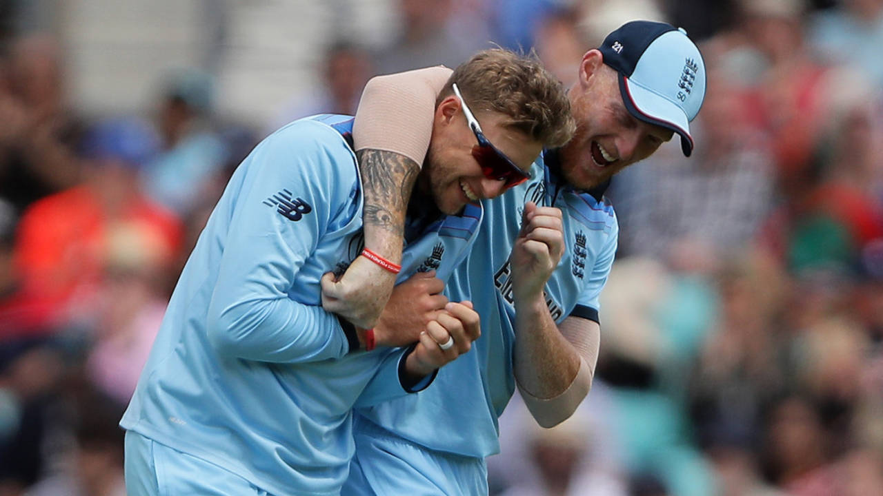 Joe Root celebrates a wicket with Ben Stokes, England v Afghanistan, World Cup 2019, warm-ups, The Oval, May 27, 2019