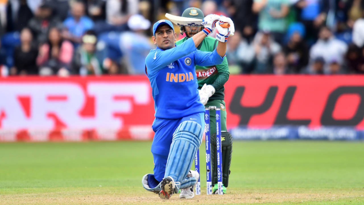 MS Dhoni goes for a big shot, Bangladesh v India, World Cup 2019 warm-up, Cardiff, May 28, 2019